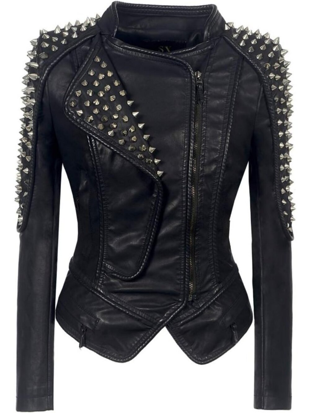 Punk Rivet Faux Leather Biker Jacket for Women - Black Slim Fit Streetwear Coat